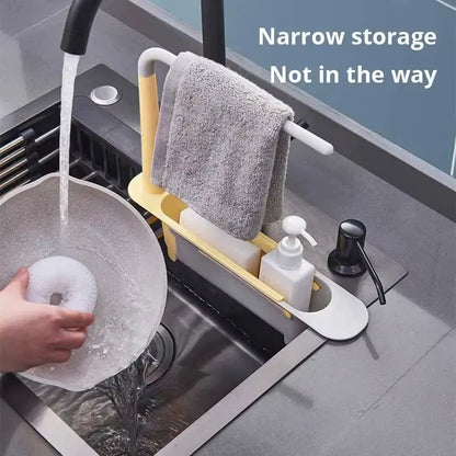 1Pc Multifunctional Telescopic Sink Storage Rack Upgraded Adjustable Sink Sponge Holder Expandable 2-In-1 for Home Kitchen